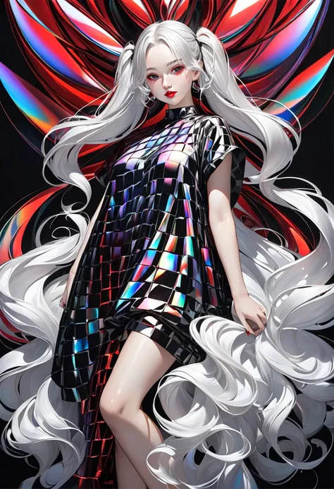 cool beauty, white shiny silky fluffy loose messy wavy twin tails, amorous and lewd expression, captivating eyes, sexy red lips, superlative great body proportion, wearing iridescent jet black loose baggy satin mosaic pattern dress, background transparent ...