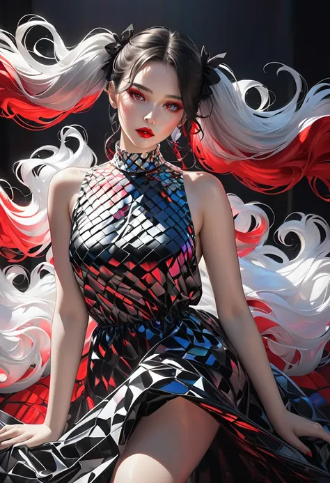 cool beauty, white shiny silky fluffy loose messy wavy twin tails, amorous and lewd expression, captivating eyes, sexy red lips, superlative great body proportion, wearing iridescent jet black loose baggy satin mosaic pattern dress, background transparent ...