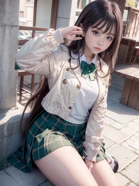 whole body、(8k,  top quality, masterpiece:), Accurate Fingers、 random pose 、  long haired girl  , Thick bangs,  medium chest 、 ash blonde hair, Neutral facial expression,  green eyes,  white skin,  looking into the distance、 trench coat x plaid skirt