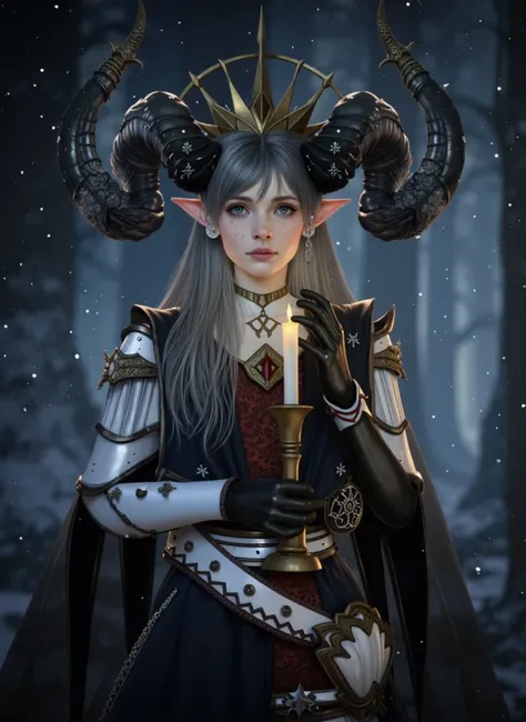 Character: A young woman with pale skin, light freckles, and a melancholic, wistful expression, styled as a dark fantasy demon queen. She has delicate, pointed elf ears with a subtle pinkish hue, and prominent, textured black horns that curve outwards and ...