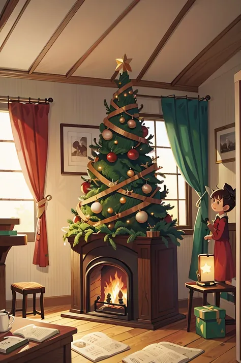 Christmas tree, present, fireplace, night, realistic illustration style, vintage tone,