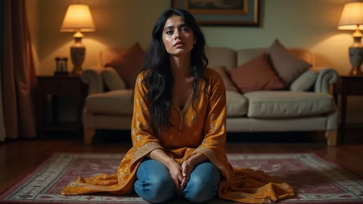  a house hall with sofa, where a sexy young girl in gorgeous shiney chocolate mustard printed kurta-jeans is crying while sitting on her knees on the floor, realistic cinematic style, 4k ultra HD quality, High Resolution.