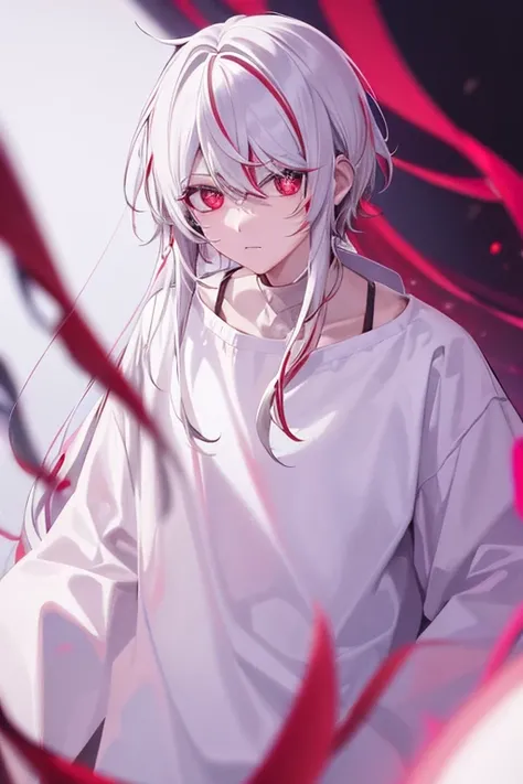 1 anine boy, red eyes, white hair  