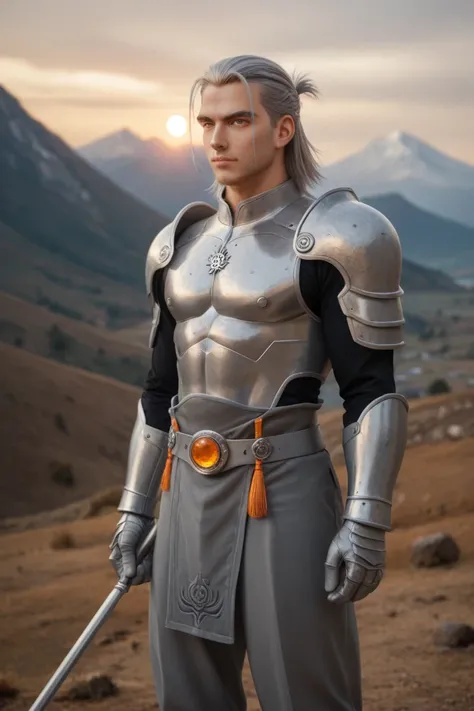 1boy, Masculine, 
slim, full metal alchemist, Masculine, teenager, solo, straight hair, Open forehead, medium hair, gray hair, yellow eyes, orange sun goggles, black long tunic, gray  pants, silver gray shoulder pads, 
Silver gray gloves,  orange man boots...