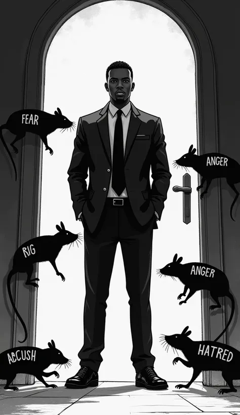 4K resolution black-and-white illustration which features a neatly dressed African American young man standing in the center. Behind him is a symbolic door representing access to his life. Shadowy rat-like figures, each labeled with words correctly spelt a...