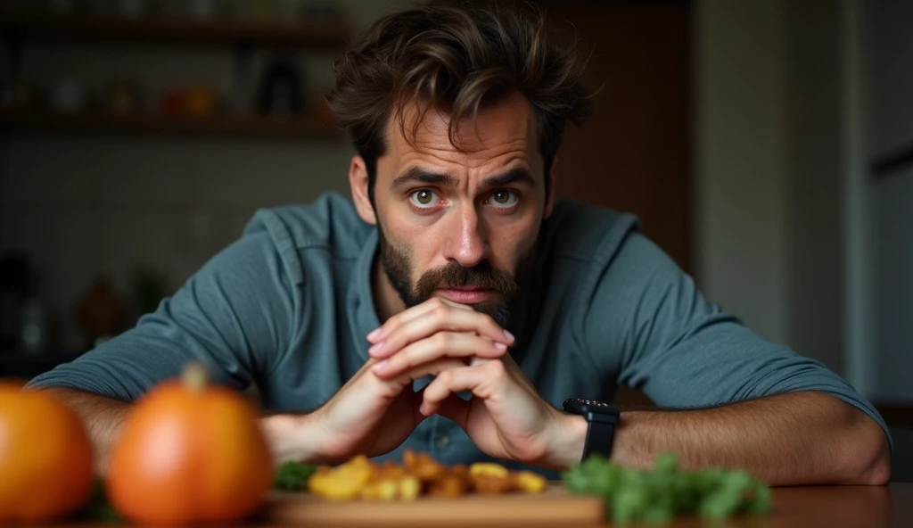 A close-up shot of a concerned middle-aged man in his 40s with dark brown hair and hazel eyes, looking at his hands in distress, sitting at a kitchen table filled with unhealthy food, dim lighting creating a somber mood, emphasizing his worry about his liv...