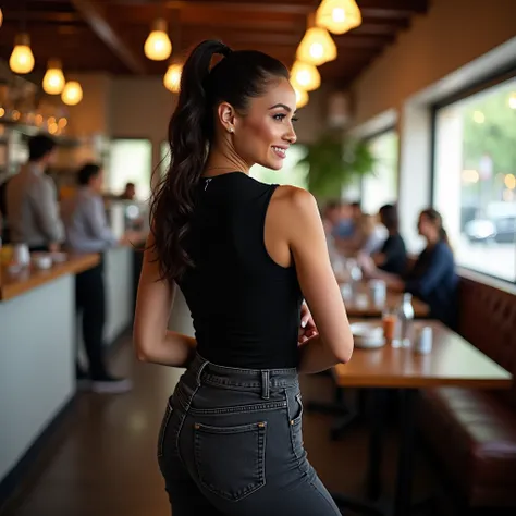 sakina karchaoui, she is working in a restaurant, she wears black bodysuit with tight black denim pants, her shoes are white sneakers, she is serving customers, she is looking behind her, From side, Ponytail, Smile, Makeup, 