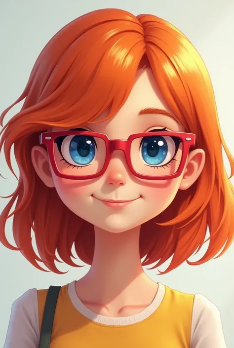 Solo, orange hair, blue eyes, red glasses, medium length hair , Looks friendly