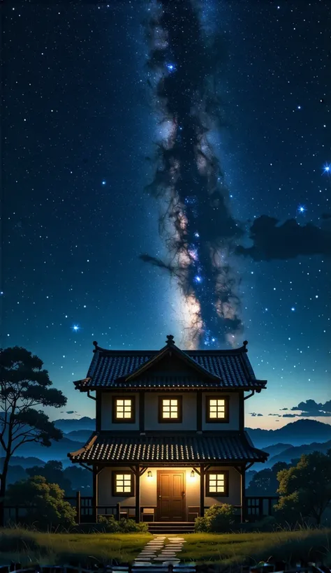 rural house, starry night, in the style of anime