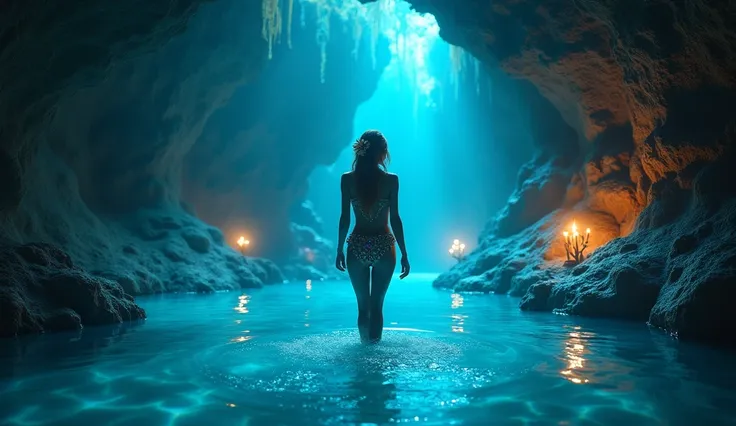 A mystical underwater cave with soft blue lighting, featuring a serene figure walking through the shallows of a crystal-clear pool. The character wears an intricately designed bikini adorned with jewels, and a flower tucked in her hair. The atmosphere is e...