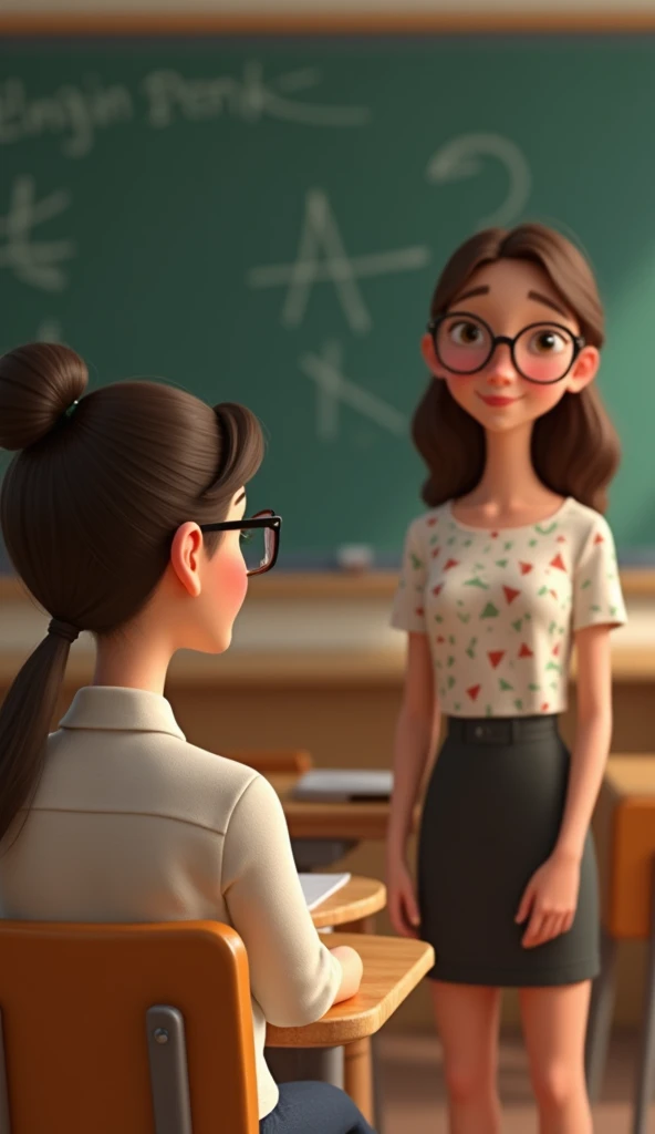  a woman with glasses standing, And a lady with glasses ,  sitting on a chair in the classroom in front of a blackboard, theyre looking at someone in front of them. Pixar style image