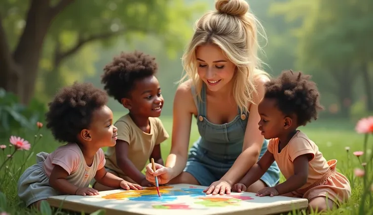 real image of white color young women in casual dress doing painting and three black face color toddlers are playing beside her