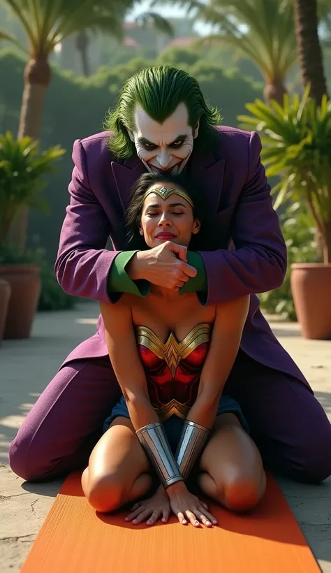 Suddenly joker grabbed tightly standing wonder woman mouth behind, wonder woman is helpless and crying, while doing yoga on a orenge colour yoga mat, at a beautiful resort