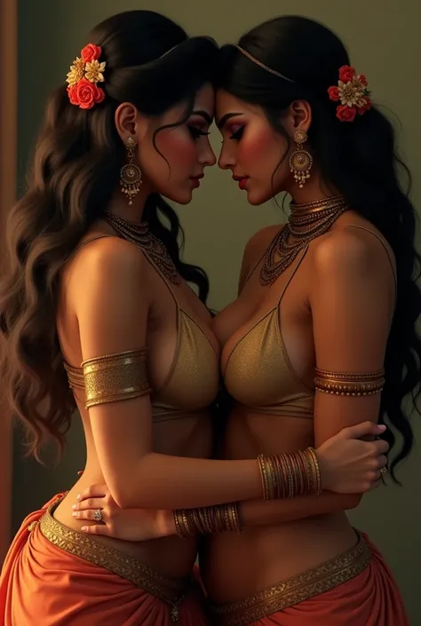 Two indian women with big tits, breasts, boobs wearing a bra and a panties, with hair flower, earrings, nose rings and a bindi on her forehead. Hug each othwr as their breasts touch each other