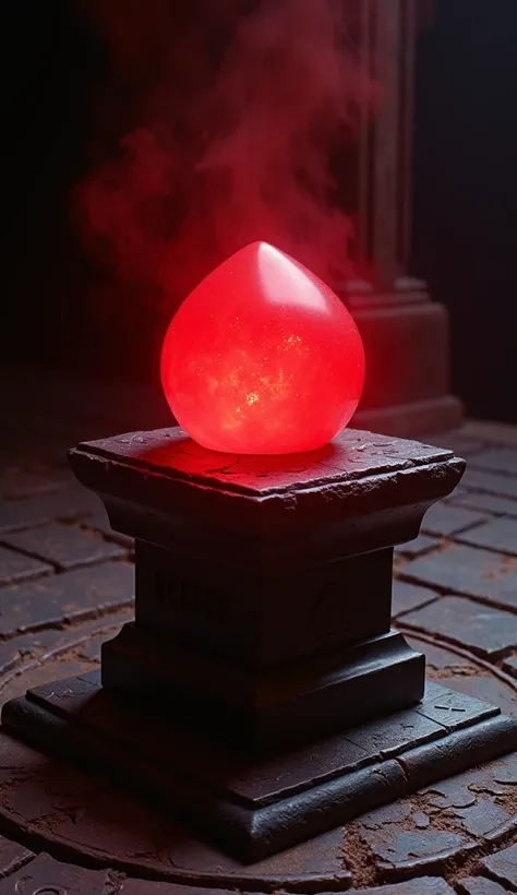 DVD screengrab, from a 1980s dark fantasy film. Retro in Color, featuring the Philosophers Stone from Fullmetal Alchemist. The Philosophers Stone is glowing with a deep red hue, emitting a powerful aura. It is placed on a dark stone pedestal, surrounded by...