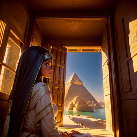 A beautiful Woman looks in amazement from inside the Pyramid (home) at the beautiful exterior landscape of Egypt. Ancient Egyptian civilization, wide shot, the Nile River, new pyramid, pyramid building, modern Egypt but 3500 BC The river extends to the hor...