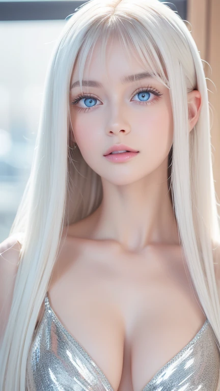  one very white girl , Extremely cute appearance 、 high definition ,  very bright white shiny skin with texture,  very beautiful long platinum blonde 、bangs,  very bright platinum blonde , 目の間のbangs,  super long straight silky hair、 very long platinum hair...