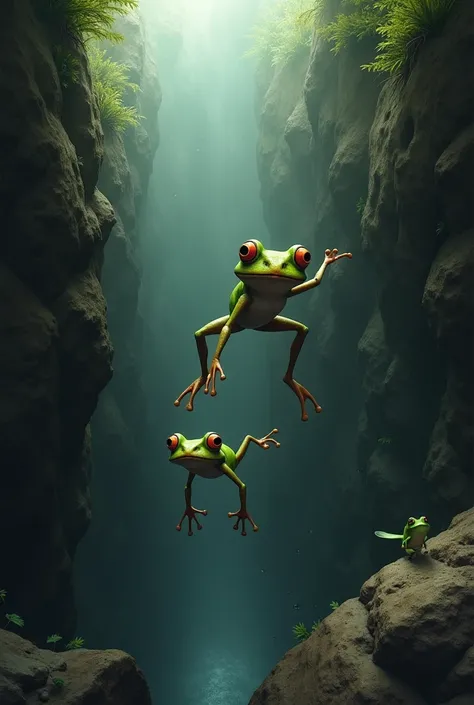 Suddenly, two frogs from the group accidentally fell into a deep pit.