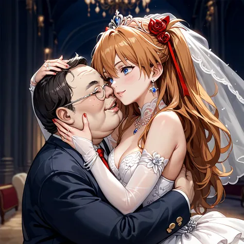 (( top quality)), ((masterpiece)), ( Details), （ perfect face）、The woman had a wedding at Soryu Asuka Langley by wearing an engagement ring at a luxurious wedding venue, wearing a gorgeous wedding dress and gorgeous jewelry accessories, and happily hugging...