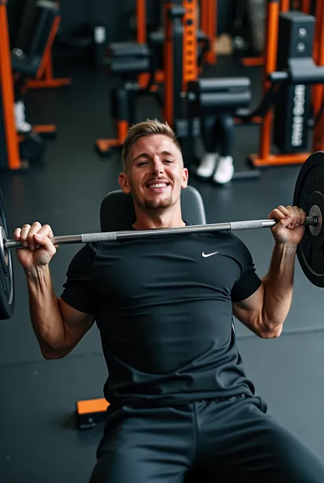 [close up] Candid amateur cellphone shot of a athletic slim but strong man incline bench pressing 150 kilo with perfect form in a professional commercial dutch gym, he is wearing dark track pants, a black fitness t-shirt and white air max sneakers, with fi...