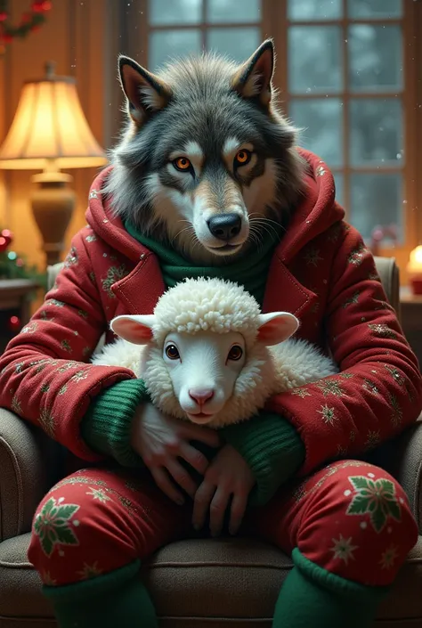 Werewolf in Winter Wonderland: A majestic werewolf, adorned in a festive red and green striped Christmas suit, beams with joy as it warmly hugs a plush white sheep. Seated cozily on a plush couch amidst a whimsical indoor setting, surrounded by glowing lam...