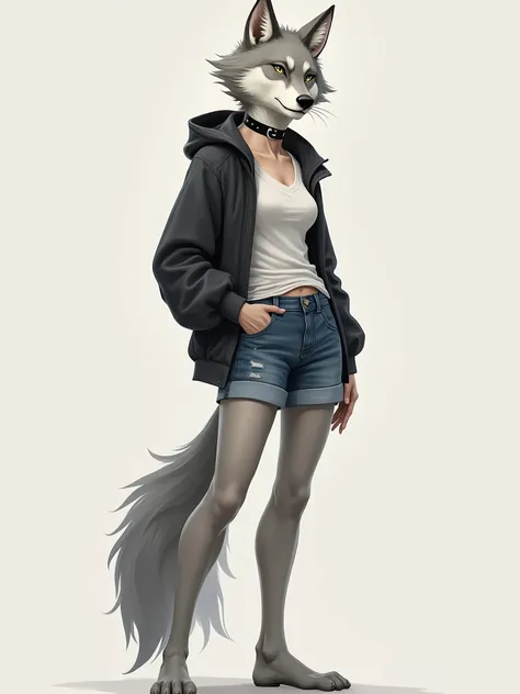 anthro furry female gray wolf dressed in jeans shorts, top and black collar