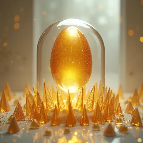 Golden ovum in crystal dome, with diamond spikes, neutral background, high quality.