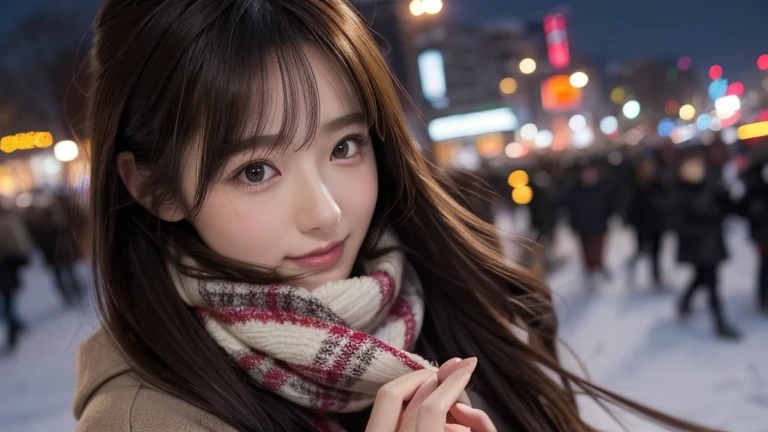 winter, in the park in the urban area, Tokyo, gorgeous cityscape, amid the crowd, city shines with christmas illuminations, dressed in fluffy warm fashion with a scarf and a coat, heart is pounding with tension, a shy smile, blushing, medium length hair, b...