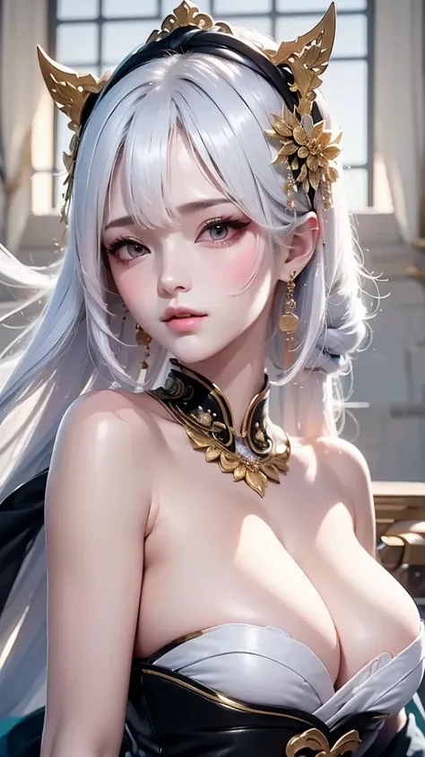 super high quality, masterpiece, Perfect illustration, Very detailed:1.6,　white barance, 1girl, 23 years old, cute girl, white hair, sharp and big beautiful eyes, medium breasts, bright skin. fantasy royalty, onmyoji, majesty, asian dress. black and gold c...