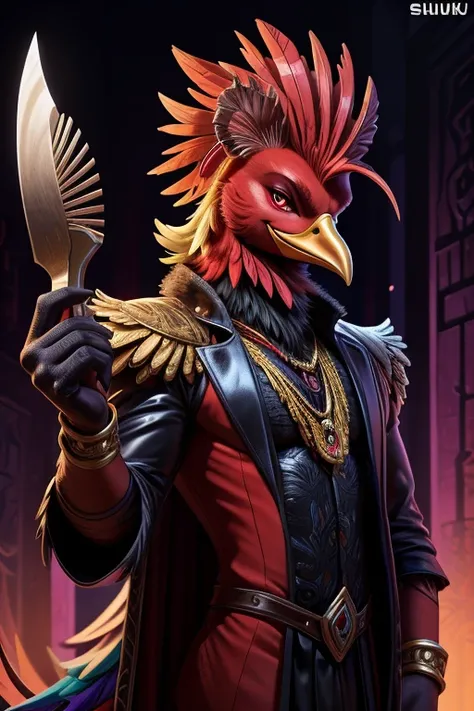 character design, Asmodeus (Lust)
Appearance:
Appears 33 years old; a rooster-like demon with dazzling, colorful plumage, including a shimmering tail and a striking comb. Their sharp eyes and seductive smile make them irresistible. male, solo, by shiuk