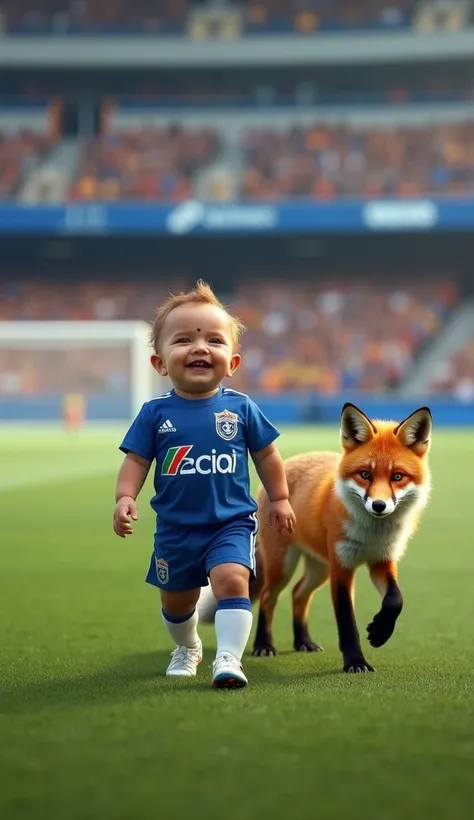 Create an ultrarealistic image featuring a one-year-old  wearing the original Cruzeiro Esporte Clube uniform, smiling and walking on a soccer field. Beside the , depict a protective fox, walking closely and keeping a watchful eye. The background should be ...