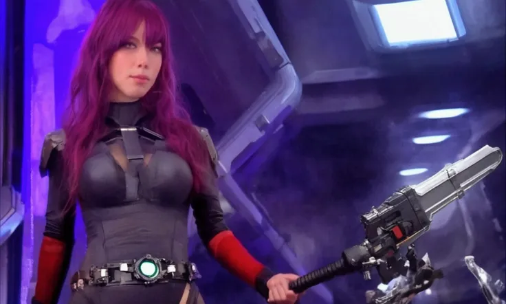 A cute woman (violet hair, violet eyes, sexy violet body suit extremely revealing, some electronic components on the suit with lit displays, laser pistol, chain sword (chain saw bladed sword makes a real bloody mess of foes)), role of space pirate captain,...