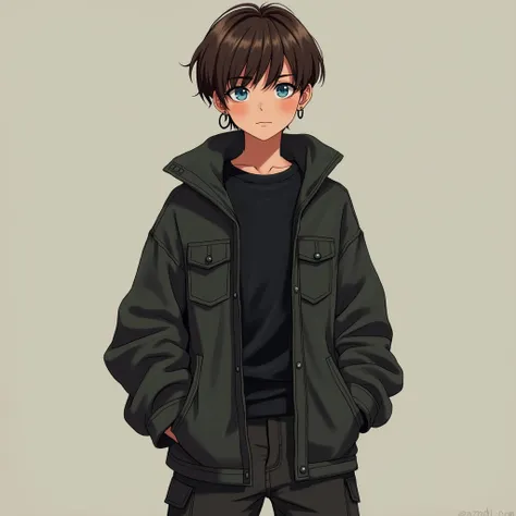 A  boy,  with brown hair up to the ears , bowl cut style ,  with a thin and small braid at the back of the neck, blue eyes and intense look ,  with a hoop earring on the left ear ,  with a rebellious and very attractive look ,  wears a dark jacket ,  black...