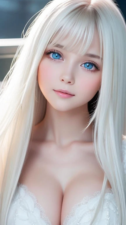  one very white girl , Extremely cute appearance 、 high definition ,  very bright white shiny skin with texture,  very beautiful long platinum blonde 、bangs,  very bright platinum blonde , 目の間のbangs,  super long straight silky hair、 very long platinum hair...