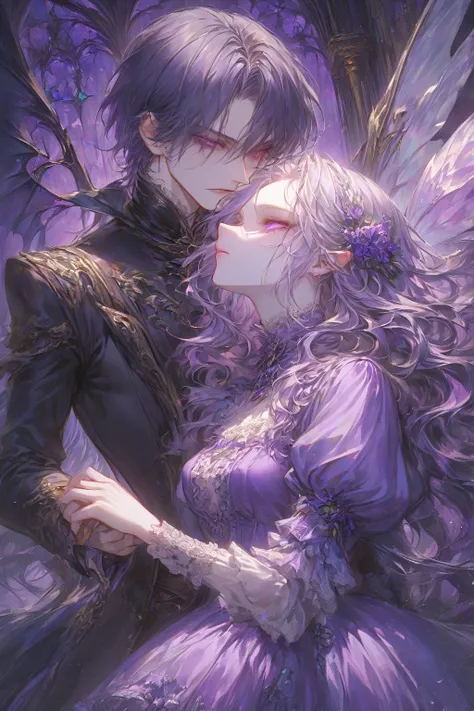 postcard depicting a man and a woman in a purple dress, vampires fantasy, Fantasy fairy tale, gothic romance,  romance novel cover ,  romantic fantasy film ,  Romantic fairy tale book ,  gothic fantasy , fantasy beautiful , gothic fantasy art, , fantasy ar...