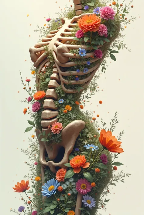 Surrealistic image of the female pelvis with its visible bones, such as the iliac and sacrum, intertwined with colorful and exuberant flowers. The flowers should blend into the bone structure, forming a smooth transition between the two elements. The image...