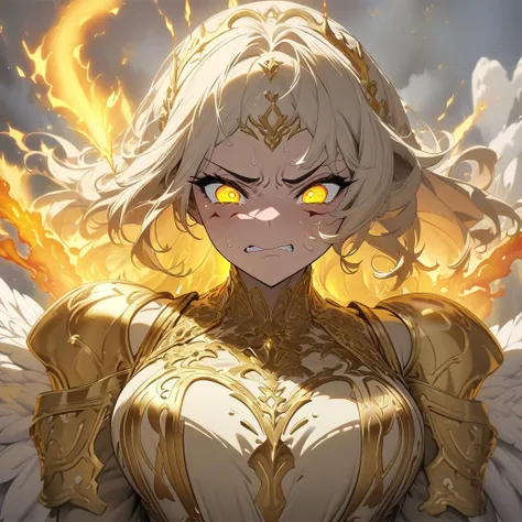 A Archangel princess woman with long ash colored hair, white wings, (fire storm arround her:1,5),(disgusted face expression:1.2),glowing gold eyes, (glowing golden aura on her:1.5),in white with gold royal dress, looking down on you, high quality, masterpi...