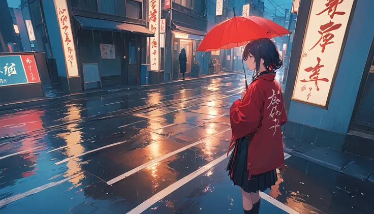 An emotional and heartfelt album cover inspired by the song 君が幸せであるように. The design features a rainy urban street with soft, glistening reflections on the wet pavement. A single figure stands under a red umbrella, looking wistfully at the horizon. In the ba...