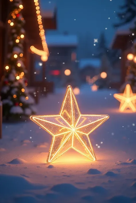 shining star ornament ;  on the floor; at a ski resort, night ;  in the background lights and Christmas decoration; 