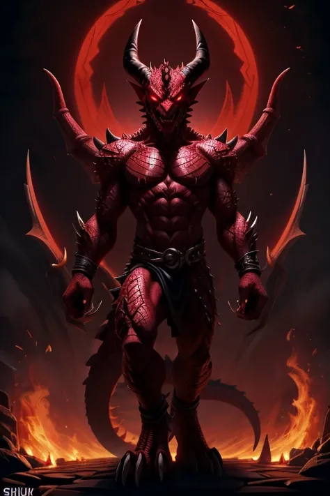 character design, Satan (Wrath)
Appearance:
Appears 50 years old; a dragon-like demon with scaled, crimson skin, glowing eyes, and sharp claws. male, solo, by shiuk