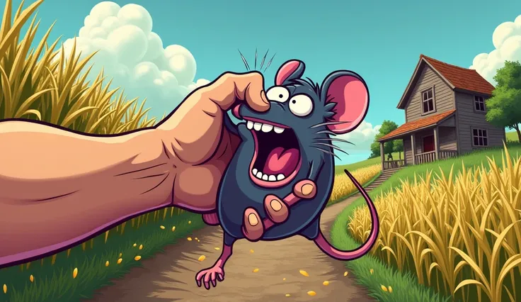 In the background you can see a corn field and in the distance a wooden house, in the image you can see a human arm grabbing a comical looking rat and squeezing it tightly, while the comical looking rat screams and its face turns purple, comic type image