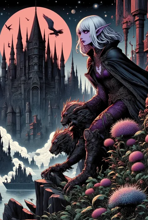 (Ultra-detailed face, Looking away, Fantasy Illustration with Gothic, Dark tone colors.), BREAK 
(This is the world of Castle Ravenloft, the massive gothic Dracula Castle perched atop Barovias steep, piercing crag, an eerie vulture in the red, blood-colore...