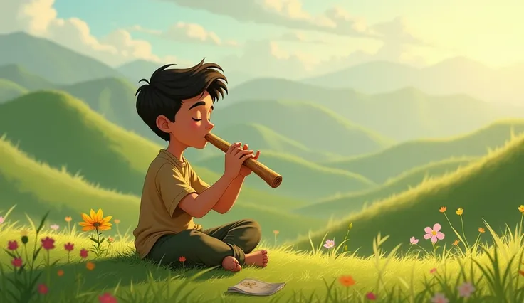 A young boy Nasir playing the flute: Nasir sitting peacefully on a hilltop, playing his flute, oblivious to the chaos.

2D animation image 