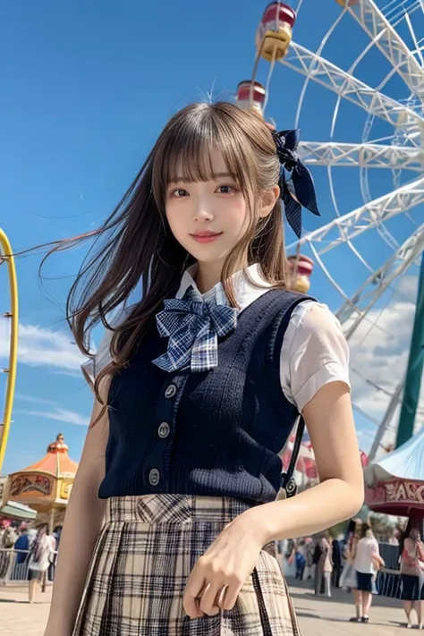  風のように羽ばたくとてもキュートでbeautiful女の子 ,****,(beautiful,  high-definition face and eyes),
( white collared shirt,  bow tie ,  plaid pleated skirt , Knit vest),amusement parkに立っている,
(smile:1.2), Cowboy Shots, There is a backpack ,hairpin, brown hair ,amusement park...