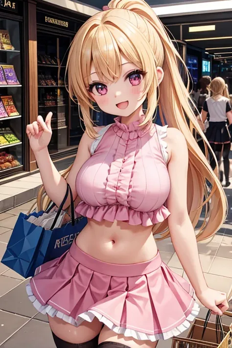 1 girl, best quality, masterpiece, 8K, cute, shiny skin, pink shirts, crop top, sleeveless, (navel:1.2), midriff, bare stomach,  bare shoulder, micro skirt, frilled skirt, single thighhighs, huge breasts, long hair, blonde hair, ponytail, black eyes, smile...