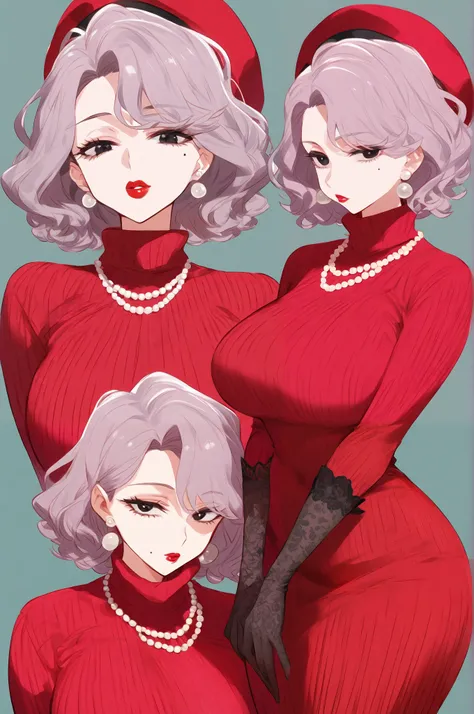 a elderly woman with short hair messy hair wavy hair bob black eyes grey hair wearing a red sweater dress with a pearl necklace and pearl earrings and black Lacey gloves wearing red hat pouty lips red lips mole on cheeks full and curvy shape score_9_up, sc...