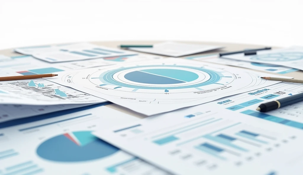 Make a table with papers and documents, Where there is a circular graph .  the image must be generated on a white background 