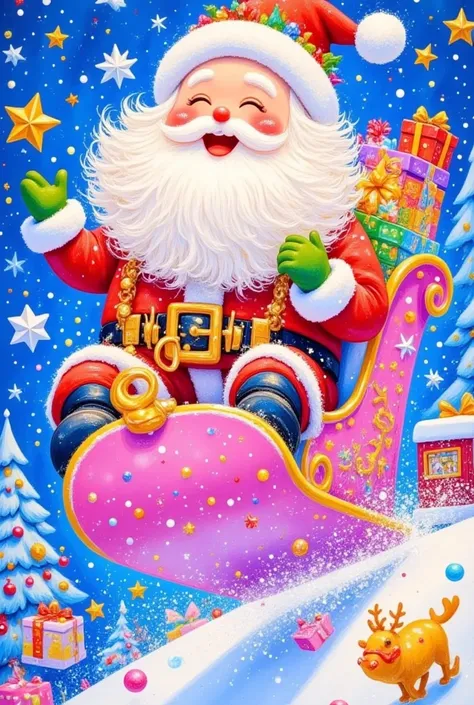 a Santa Claus claus riding a sled with presents and presents, Santa Claus claus, Santa Claus clause, 🚿🗝📝, 🕹️ 😎 🔫 🤖 🚬, Santa Claus, author：Mario Dubsky, choo choo,  1024x1024 , 8K)), polar express, author：Lisa Frank, Andy Parker ,  lovely artwork, Colorfull...