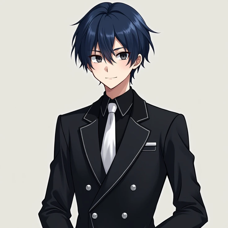 make a anime boy navy hair with black double breasted suit and black eyes