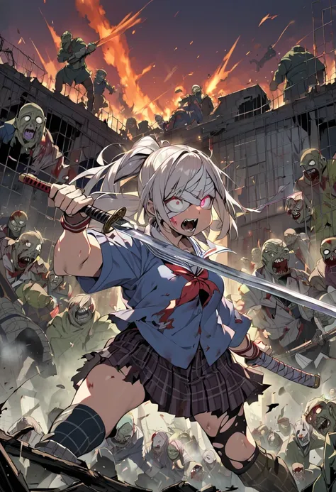 High school girl holding a Japanese sword fighting against a group of zombies in ruins,1girl,Alone,wide hip,huge thigis ,school uniform,minskirt,thighi high socks, torn clothes,many zombies,bandage,panties,